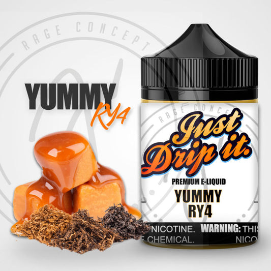 Yummy RY4 e-liquid by Rage Just Drip It bottle with enticing caramel, tobacco, and vanilla flavors.