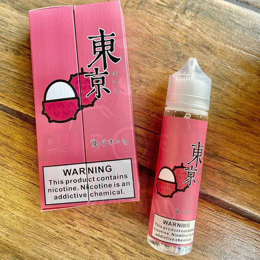 A stylish TOKYO Iced Litchi vape juice bottle in a frosty litchi-themed design.