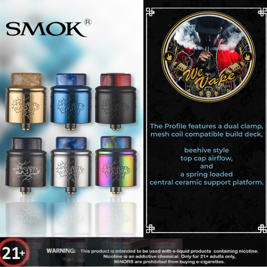 Profile RDA by Wotofo- The Profile features a dual clamp, mesh coil compatible build deck, beehive style top cap airflow, and a spring loaded central ceramic support platform.