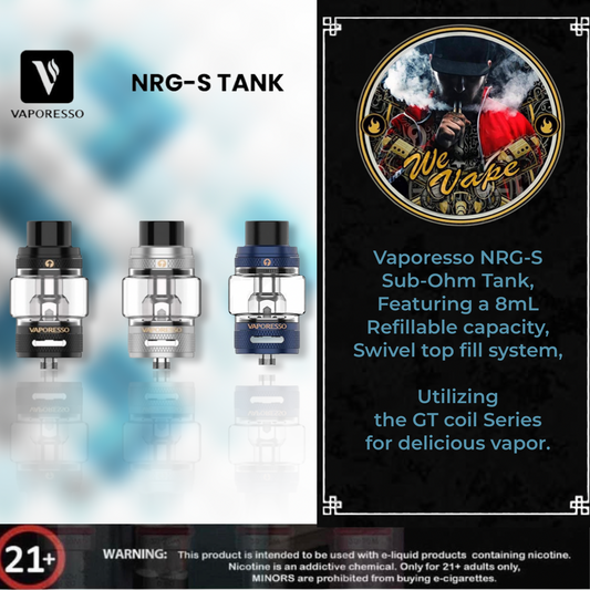 Vaporesso NRG-S Sub-Ohm Tank, Featuring a 8mL Refillable capacity, Swivel top fill system, Utilizing the GT coil Series for delicious vapor.