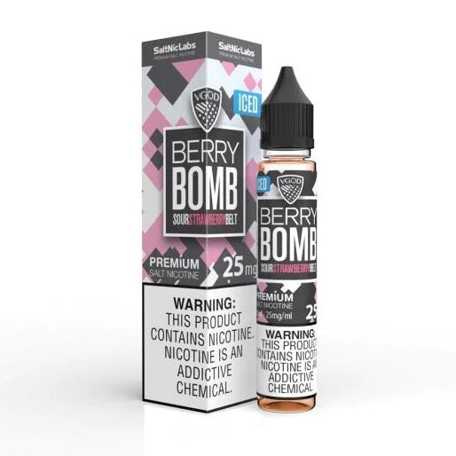 VGOD Berry Bomb Iced Saltnic e-liquid - Bursting with juicy berries and a refreshing menthol twist. Nicotine strength: 25mg.
