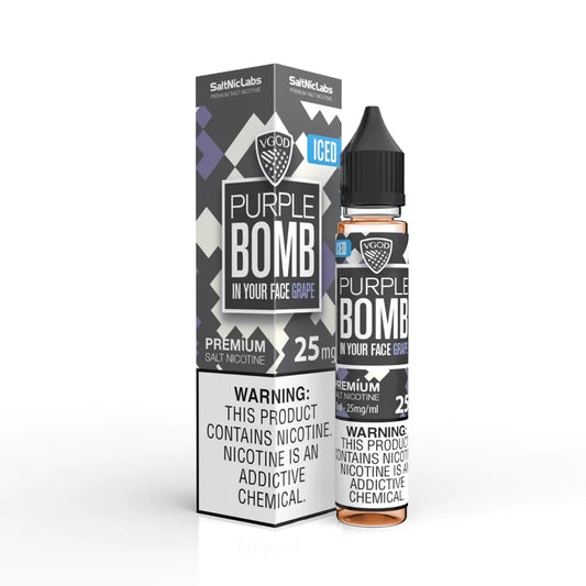  Purple Bomb Iced by VGOD Saltnic e-liquid - A refreshing blend of grape and menthol for a chilling vaping experience.