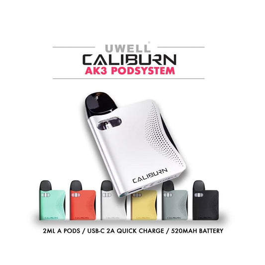 UWELL Caliburn AK3 Pod System - Experience the convenience of 2ml A pods, fast USB-C 2A Quick Charge, and a powerful 520mAh battery.