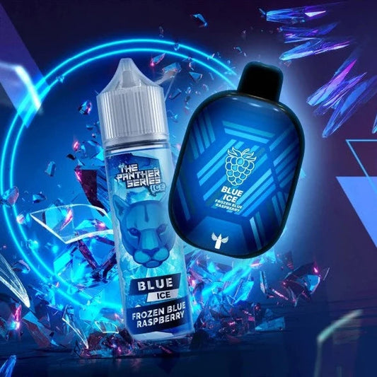 A Panther Bar 5500 Puffs Blue Ice Frozen Blue Raspberry rechargeable disposable vape by DR.VAPES, featuring a refreshing blend of icy coolness and tangy blue raspberry flavor.