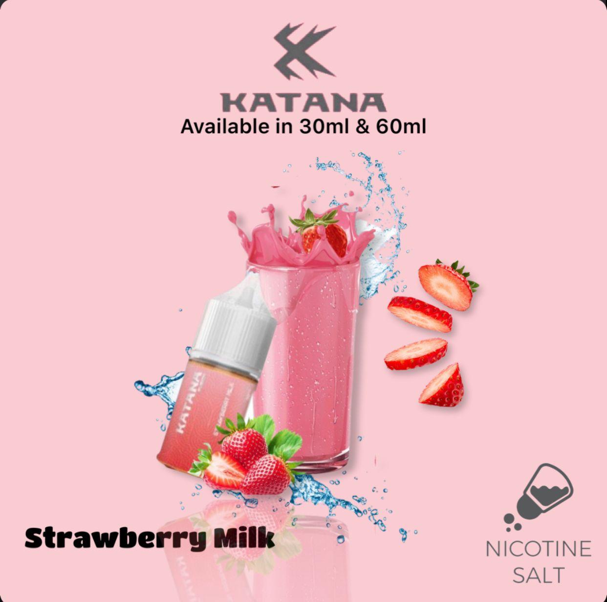 Katana Fusion Strawberry Milk by Tokyo Saltnic E-Liquid Bottle – A creamy vaping sensation of strawberries and milk.
