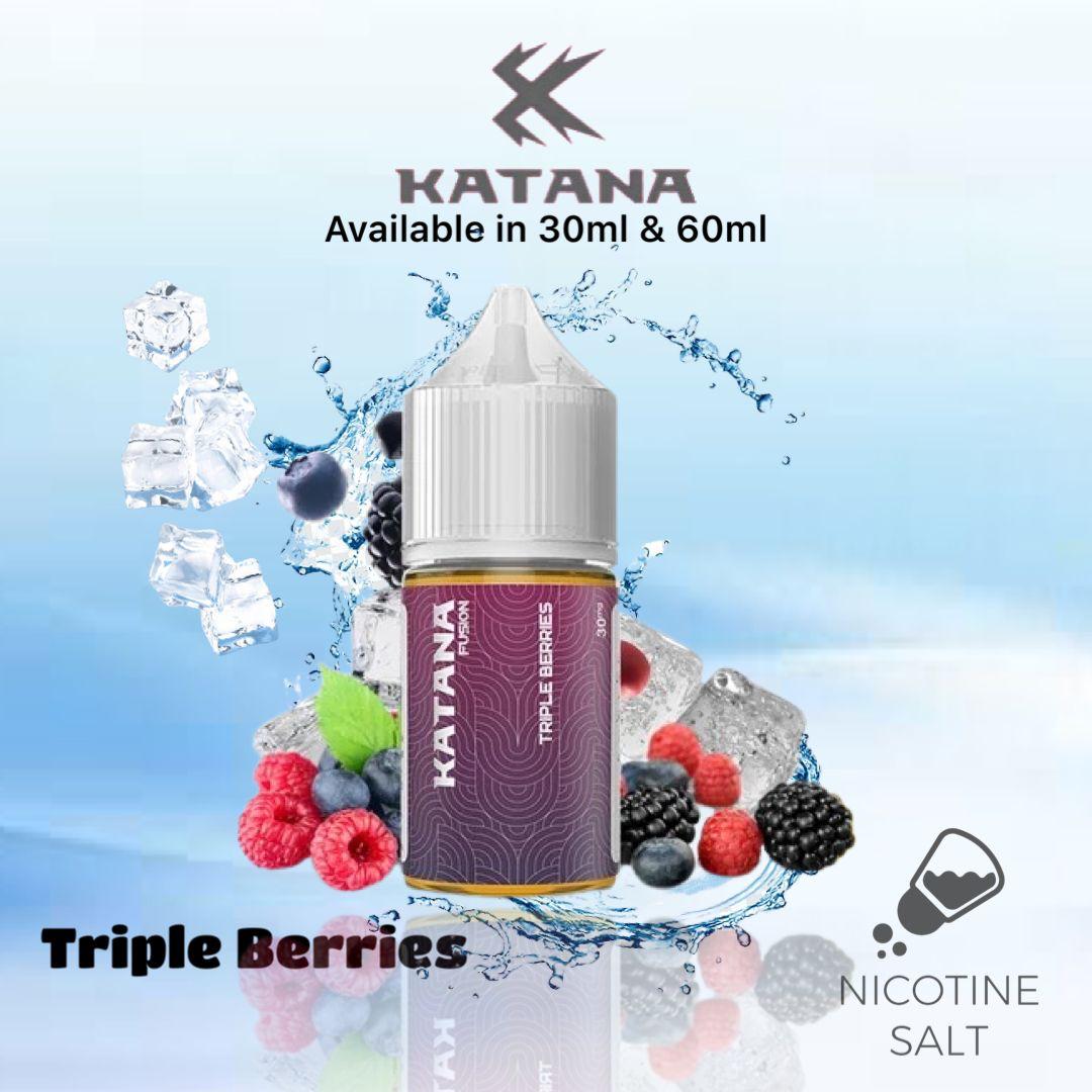 Katana Fusion Triple Berries by Tokyo Saltnic E-Liquid Bottle – A berry symphony for your vaping pleasure.