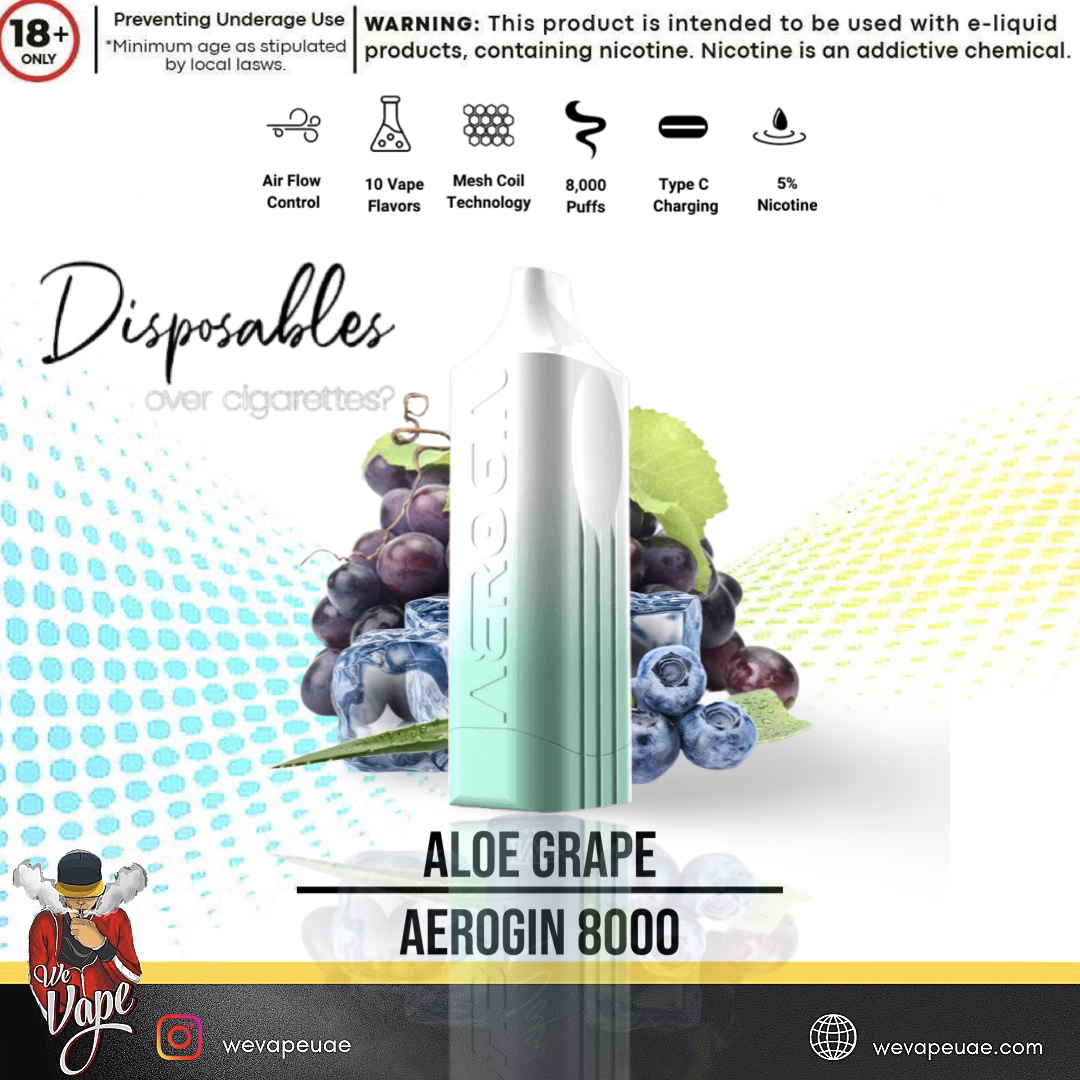 Aloe Grape Aerogin 8000 Puffs Disposable Vape - A refreshing and flavorful choice for vaping.