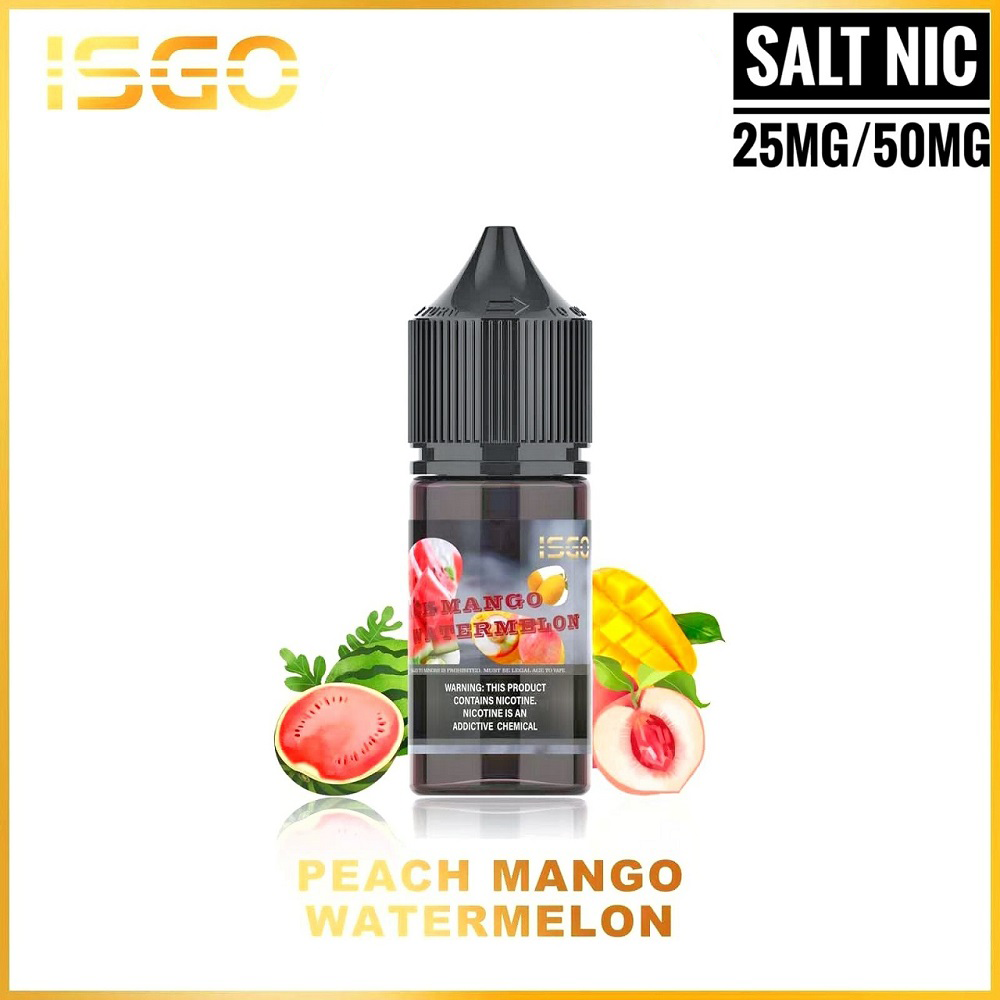 Peach Mango Watermelon by ISGO Saltnic E-Liquid Bottle – A fruity vaping sensation with a blend of peach, mango, and watermelon.