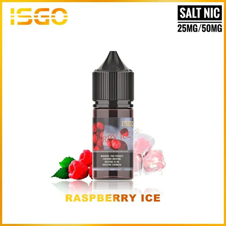Raspberry Ice by ISGO Saltnic E-Liquid Bottle – Cool raspberry delight with a hint of menthol.