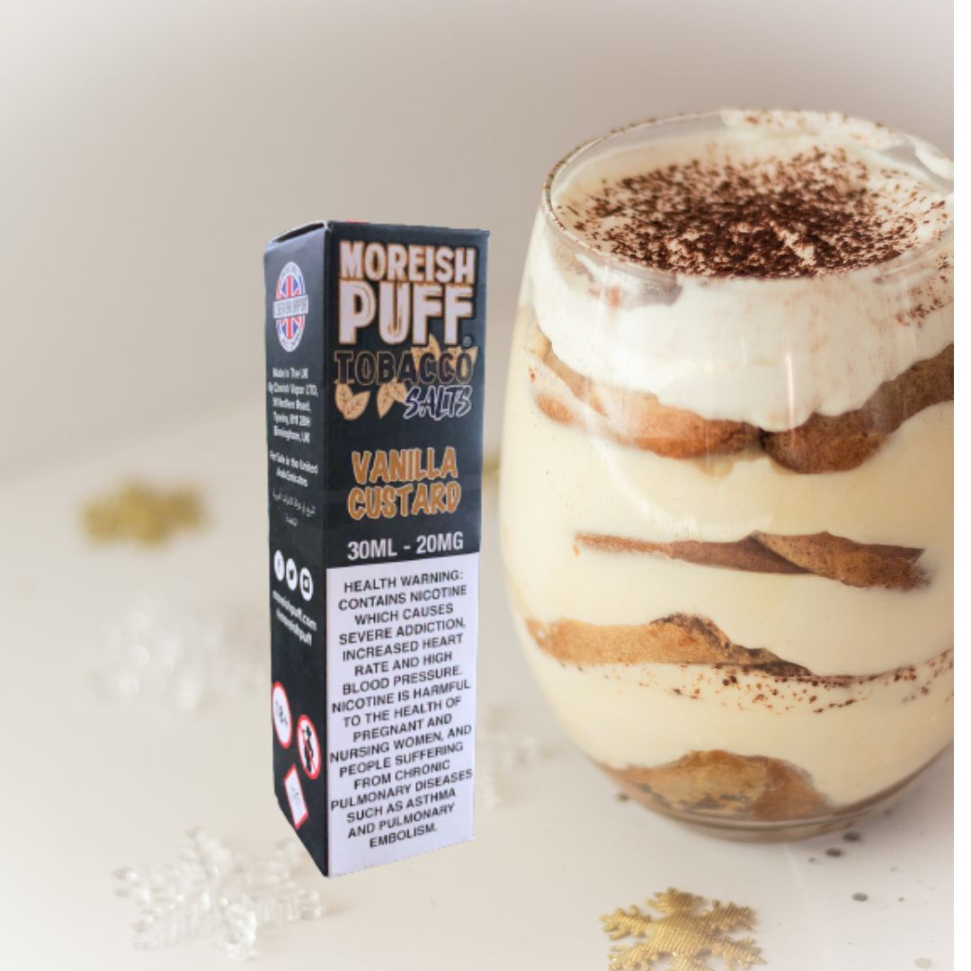 Vanilla Custard by Moreish Puff (Saltnic) - 30ml bottle, 20mg nicotine strength. Smooth and creamy vaping delight awaits.