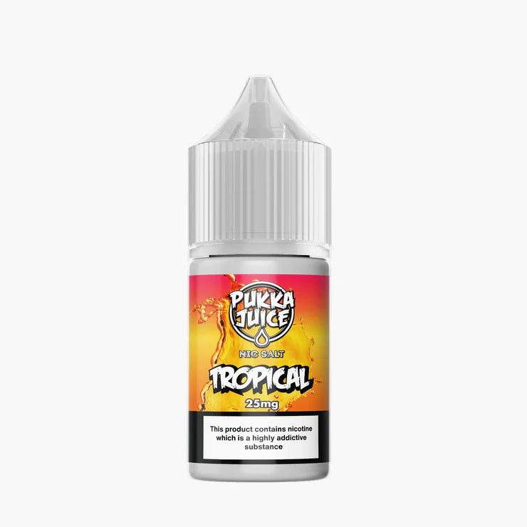 Tropical by PUKKA JUICE Saltnic - Experience a blend of mango, pineapple, and guava flavors for a refreshing vaping sensation.