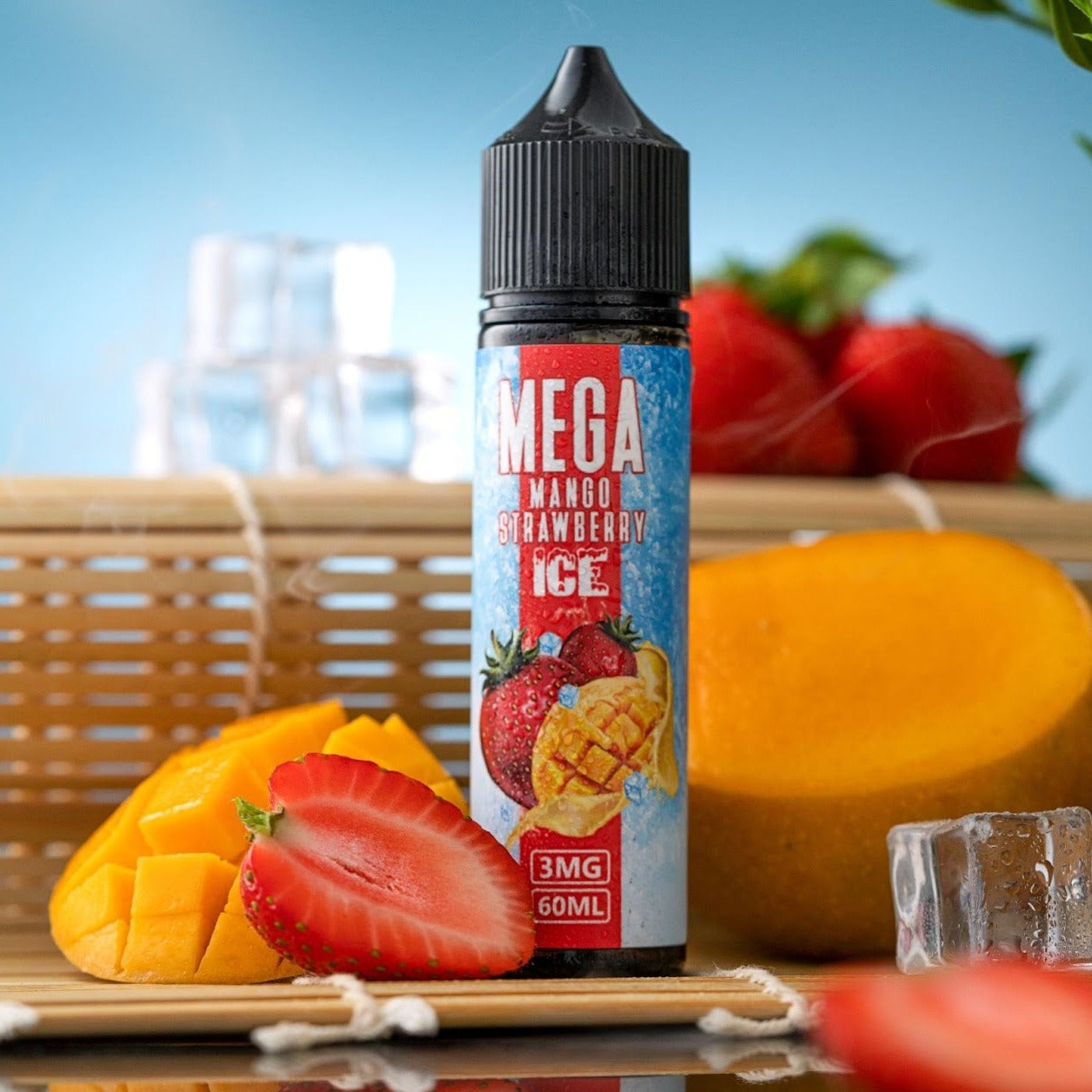 Mega Mango Strawberry Ice e-liquid by GRAND - A tropical fusion of mango and strawberry with a refreshing icy twist.