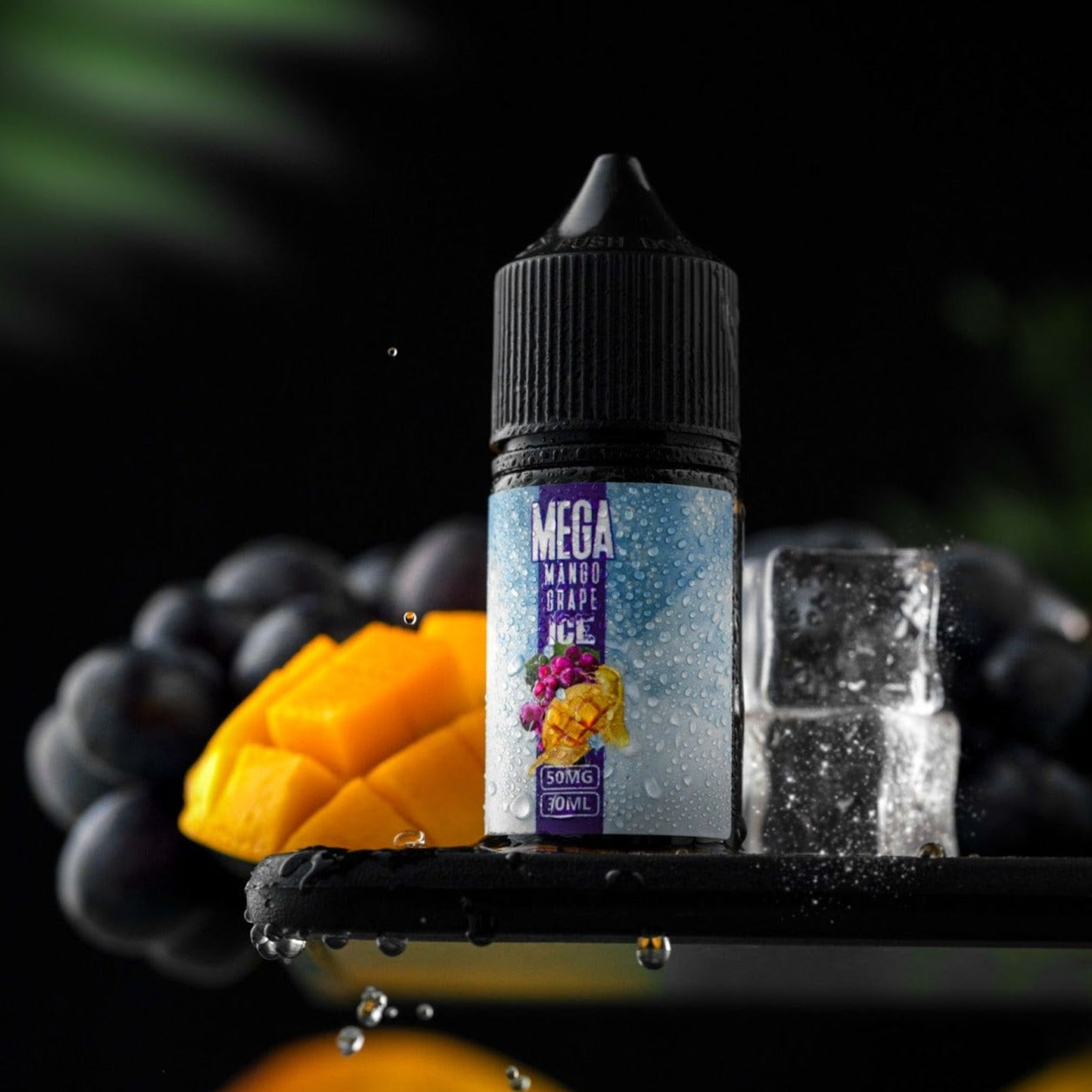 Mega Mango Grape Ice by GRAND, combines luscious mango, plump grape, and a refreshing chill for a delightful vaping experience in the UAE.