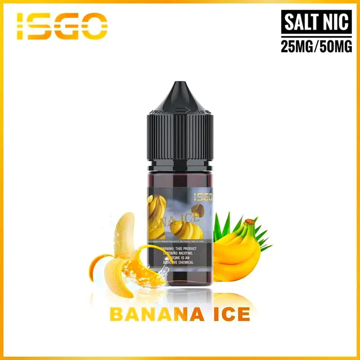 Banana Ice by ISGO Saltnic E-Liquid Bottle – A sweet banana and menthol vaping sensation.