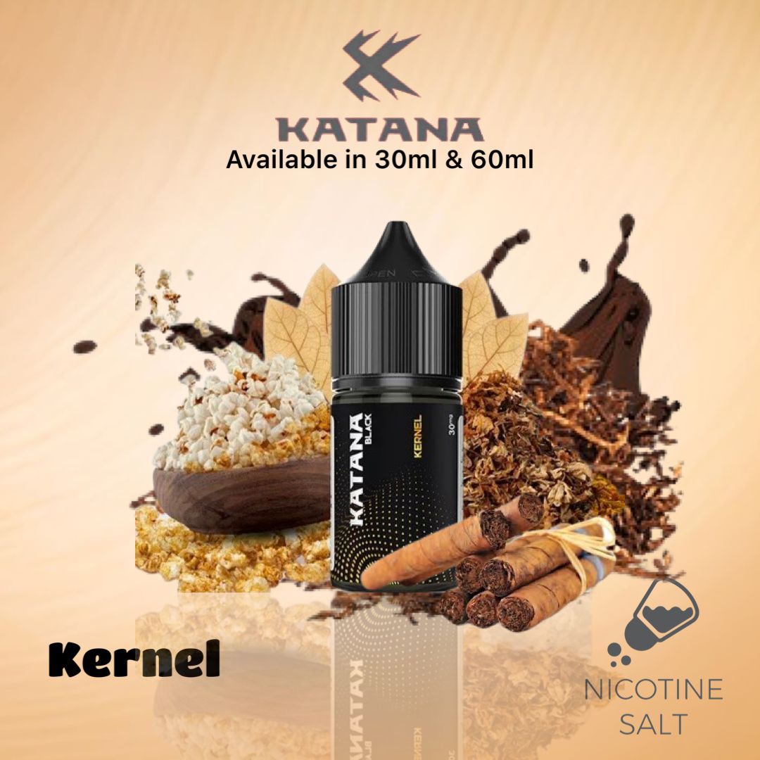Katana Black Kernel by Tokyo Saltnic E-Liquid Bottle – A harmonious fusion of blackcurrant and tobacco.