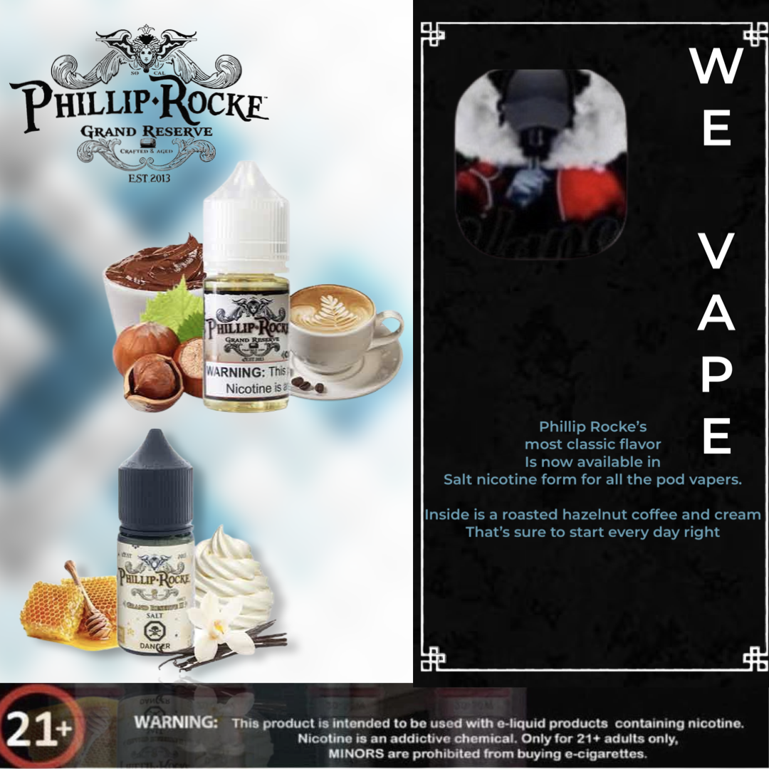 Phillip Rocke Salt Nicotine (50mg)-most classic flavor is now available in Salt nicotine form for all the pod vapers. Inside is a roasted hazelnut coffee and cream that's sure to start every day right.