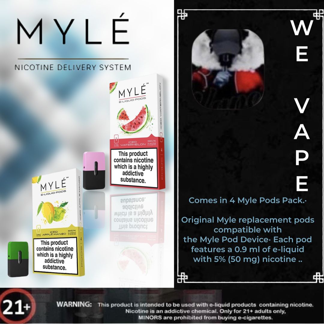 Myle V1 Replacement Pods- Comes in 4 Myle Pods Pack. Original Myle Replacement Pods compatible with the Myle Pod Device. Each pod features a 0.9 ml of e-liquid with 5% (50 mg) nictine..