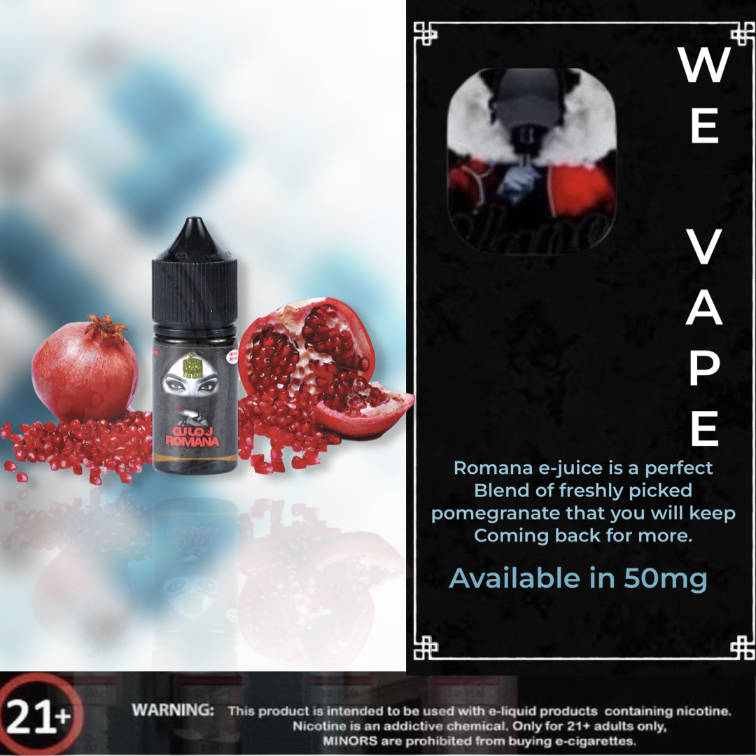 Romana E-Liquids (Salt Nicotine)-Romana e-juice is a perfect Blend of freshly picked pomegranate that you will keep Coming back for more. Available in 50MG