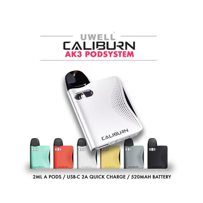 UWELL Caliburn AK3 Pod System - Experience the convenience of 2ml A pods, fast USB-C 2A Quick Charge, and a powerful 520mAh battery.