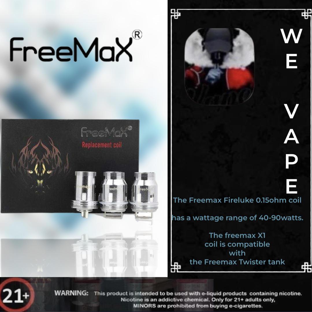 Freemax Replacement Coil- The Freemaz Fireluke 0.15ohm coil, has a wattage range of 40-90 watts. The Freemax X1 coil is compatible with the Freemax Twister tank.